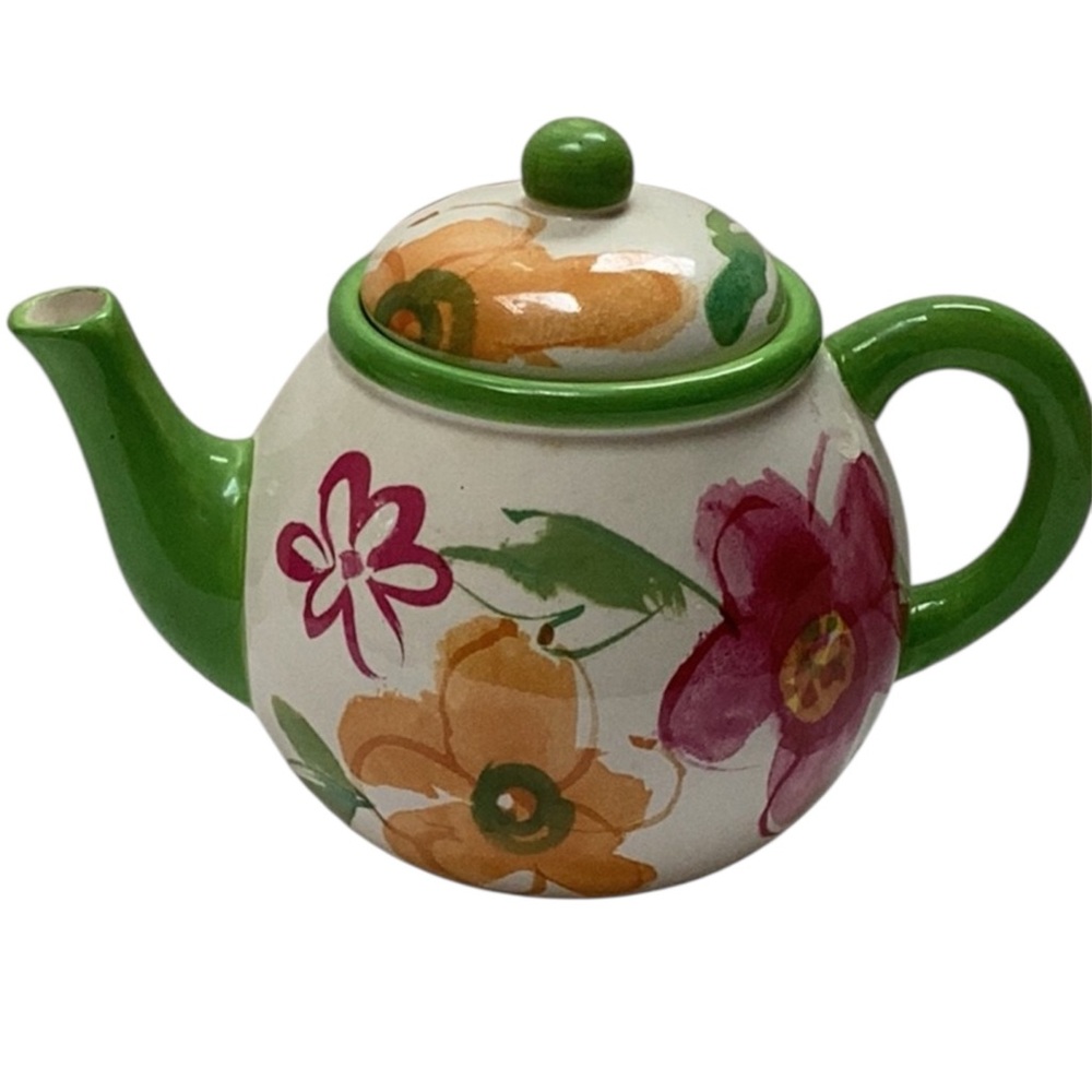Colorful‎ Telefora Floral Ceramic Orange Pink Green Hippie Happy Charming Teapot